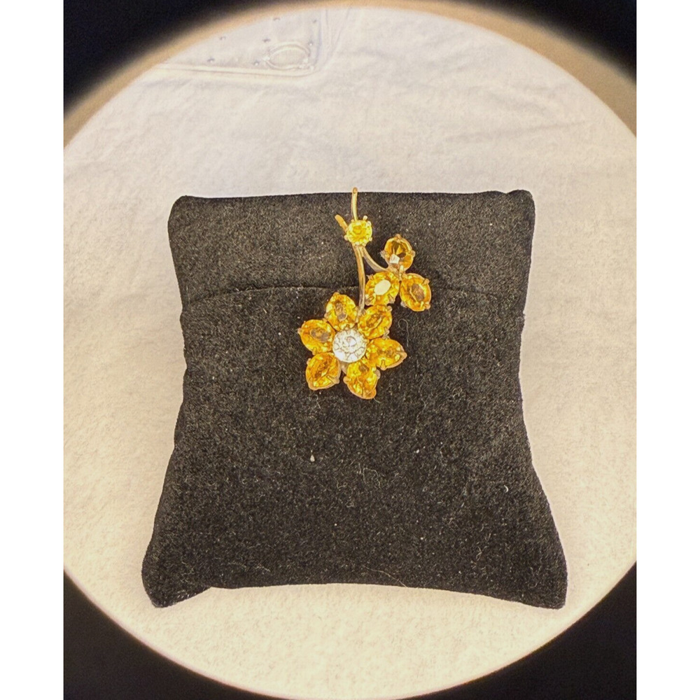 Vintage Long-Stem Flower Brooch Yellow Citrine Stones Rhinestone Lapel Pin MCM